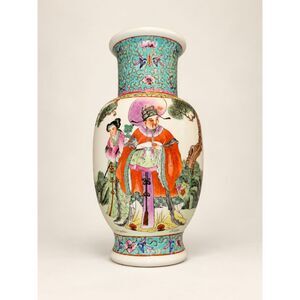 ACF Japanese Porcelain Figural Vase 11 Inch Turquoise Hong Kong Decorated